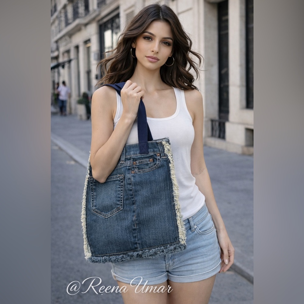 Denim Fringe Tote Bag with Navy Strap